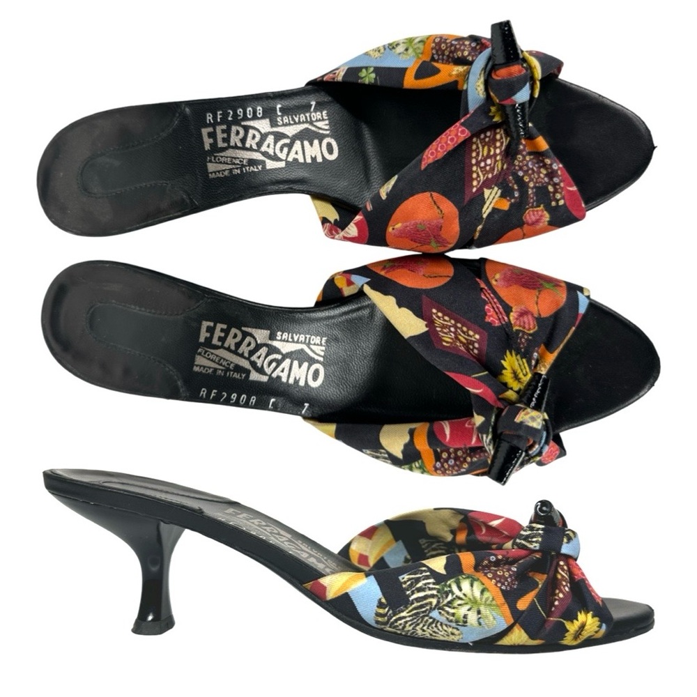 SALVATORE FERRAGAMO Black Kitten Heels tropical colorful design Mules Sandals 7